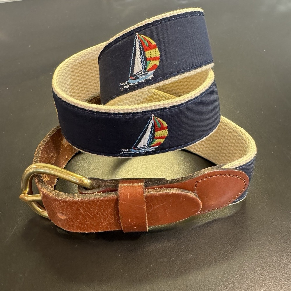 Leather Man Ltd Brass Buckle Sailboat Nautical‎ Tan Navy Belt Men's Size 30